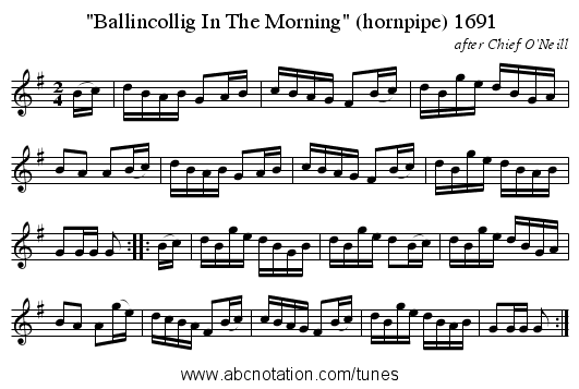 Ballincollig In The Morning (hornpipe) 1691 - staff notation