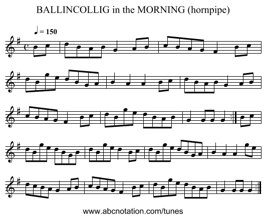 BALLINCOLLIG in the MORNING (hornpipe) - staff notation