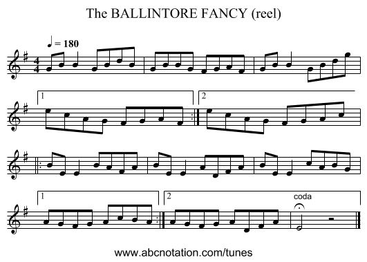 BALLINTORE FANCY (reel), The - staff notation