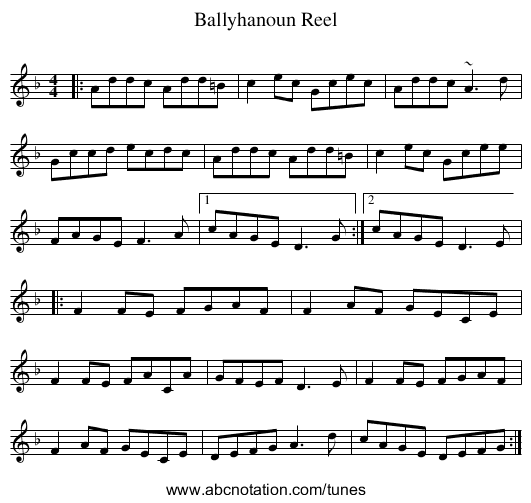 Ballyhanoun Reel - staff notation
