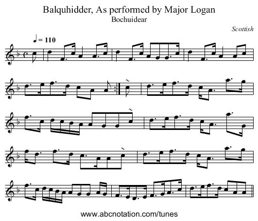 Balquhidder, As performed by Major Logan - staff notation