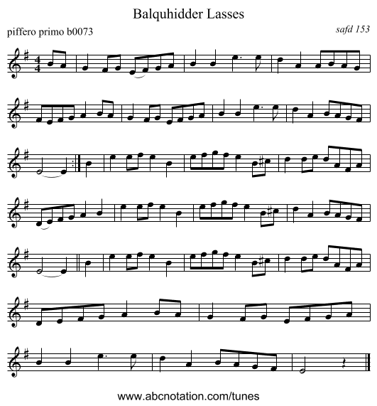 Balquhidder Lasses - staff notation