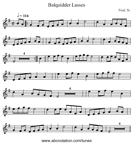Balquidder Lasses - staff notation