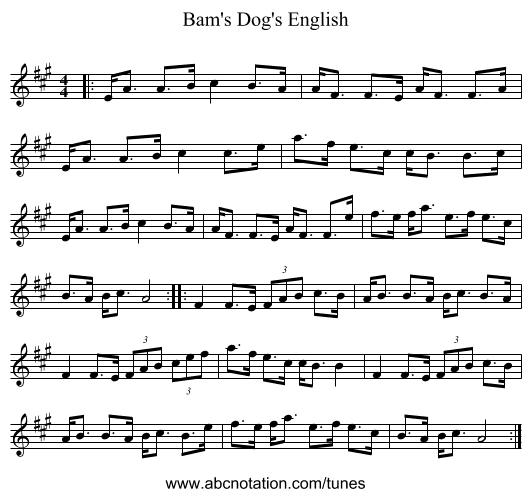 Bam's Dog's English - staff notation