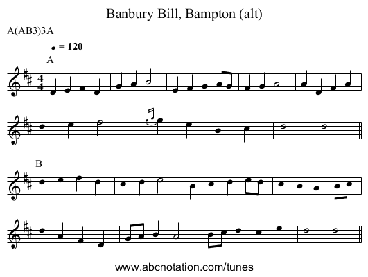 Banbury Bill, Bampton (alt) - staff notation