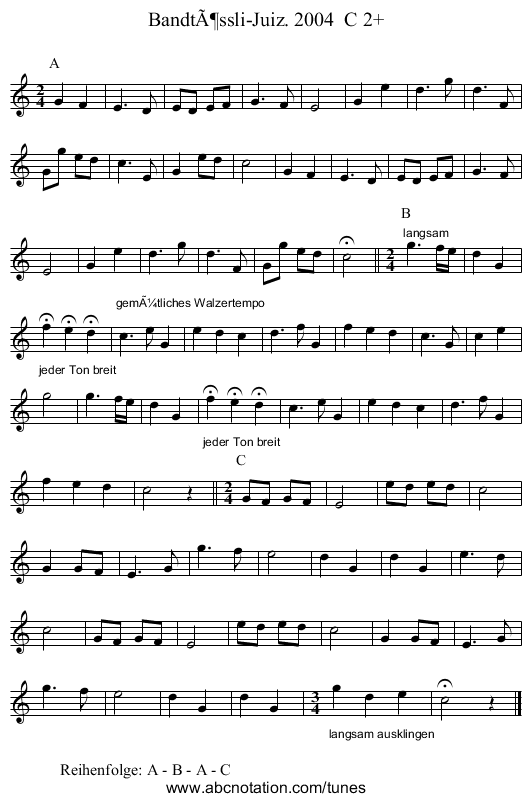 Bandtössli-Juiz. 2004 C 2+ - staff notation