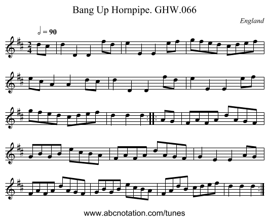 Bang Up Hornpipe. GHW.066 - staff notation