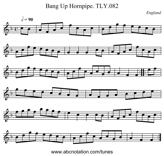 Bang Up Hornpipe. TLY.082 - staff notation