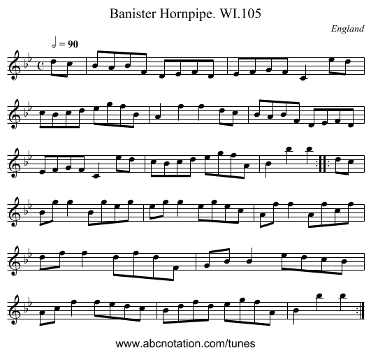 Banister Hornpipe. WI.105 - staff notation