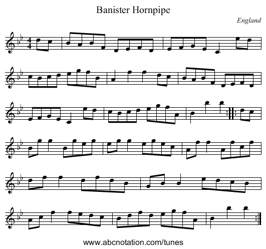 Banister Hornpipe - staff notation