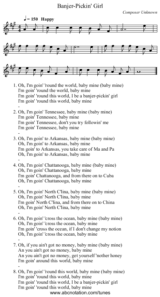 Banjer-Pickin' Girl - staff notation