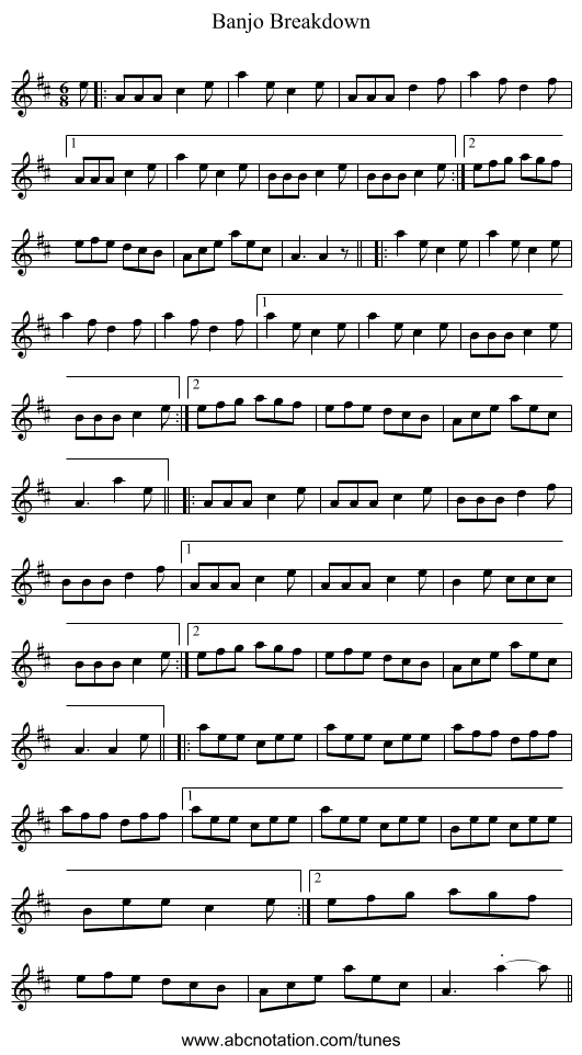 Banjo Breakdown - staff notation
