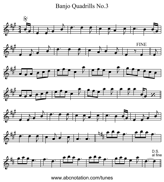 Banjo Quadrills No.3 - staff notation