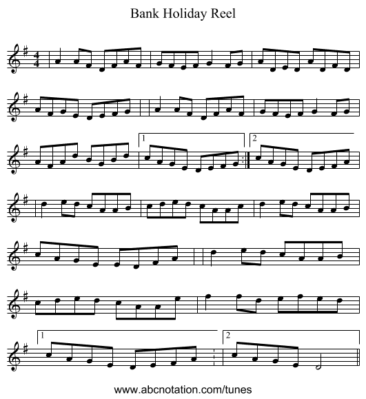 Bank Holiday Reel - staff notation