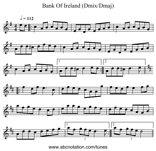 Bank Of Ireland (Dmix/Dmaj) - staff notation