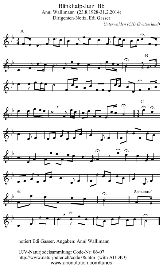 Bänklialp-Juiz  Bb - staff notation