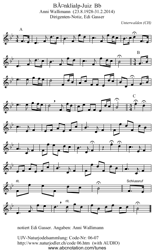 Bänklialp-Juiz Bb - staff notation