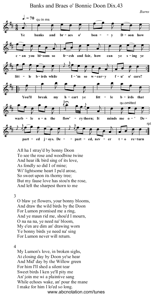 Banks and Braes o' Bonnie Doon Dix.43 - staff notation