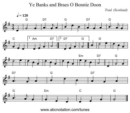 Banks and Braes O Bonnie Doon, Ye - staff notation