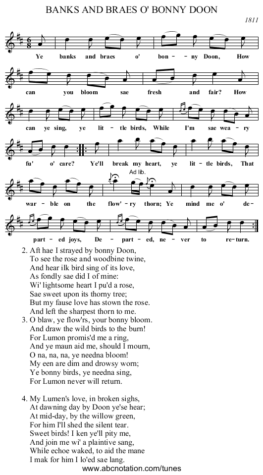 BANKS AND BRAES O' BONNY DOON - staff notation