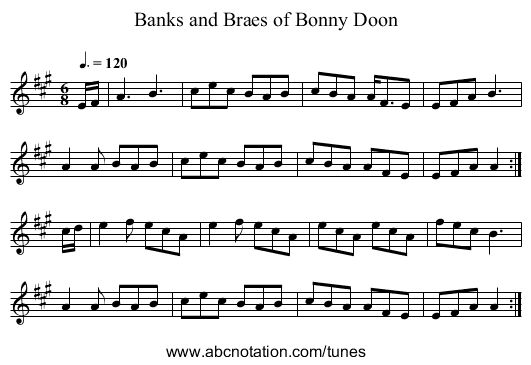 Banks and Braes of Bonny Doon - staff notation