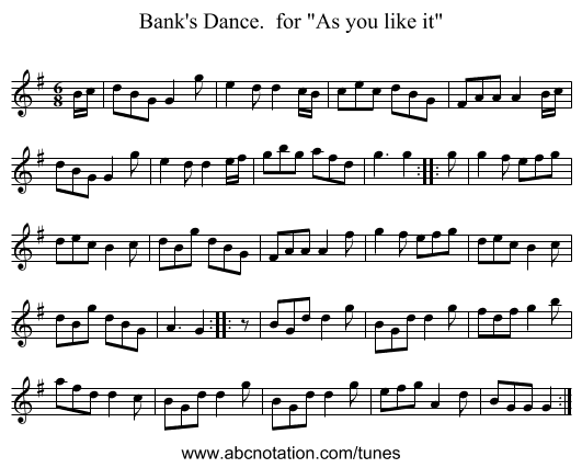 Bank's Dance. for As you like it - staff notation