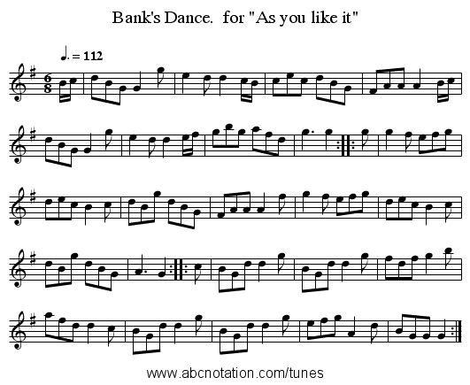 Bank's Dance.  for As you like it - staff notation