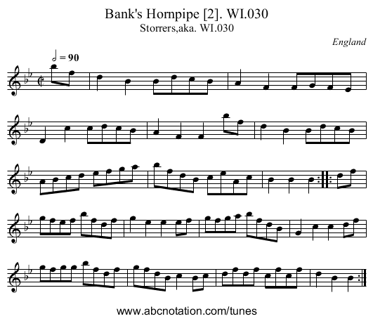 Bank's Hornpipe [2]. WI.030 - staff notation