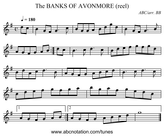 BANKS OF AVONMORE (reel), The - staff notation