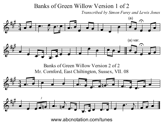 Banks of Green Willow Version 1 of 2 - staff notation