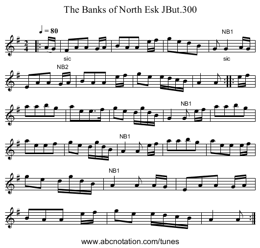 Banks of North Esk JBut.300, The - staff notation