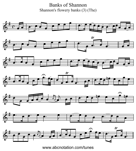 Banks of Shannon - staff notation