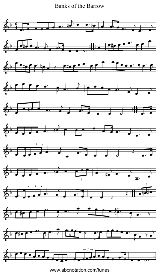 Banks of the Barrow - staff notation