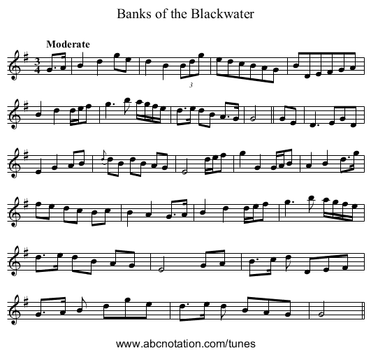 Banks of the Blackwater - staff notation