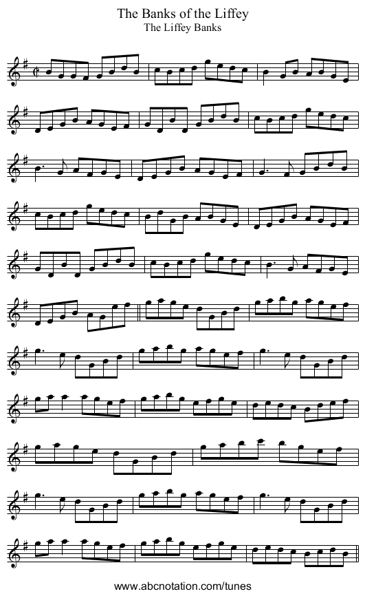 Banks of the Liffey, The - staff notation