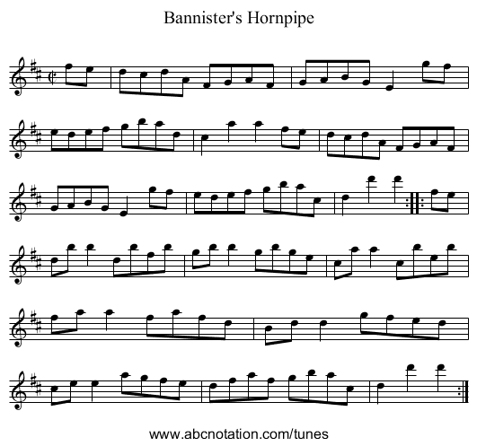 Bannister's Hornpipe - staff notation