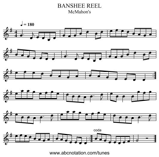 BANSHEE REEL - staff notation