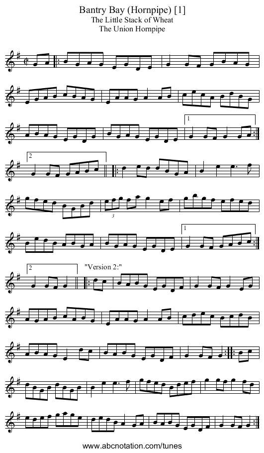Bantry Bay (Hornpipe) [1] - staff notation