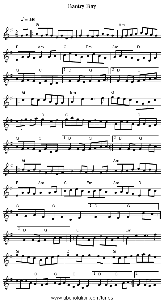 Bantry Bay - staff notation