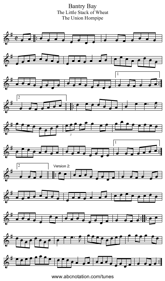 Bantry Bay - staff notation