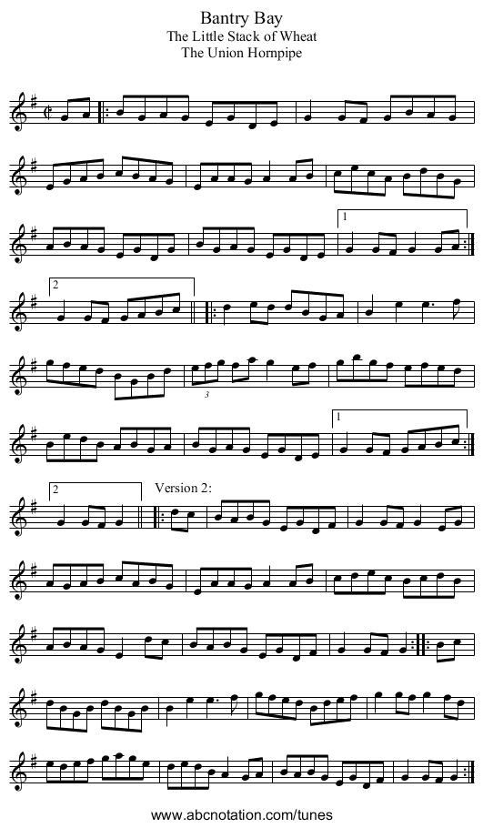 Bantry Bay - staff notation