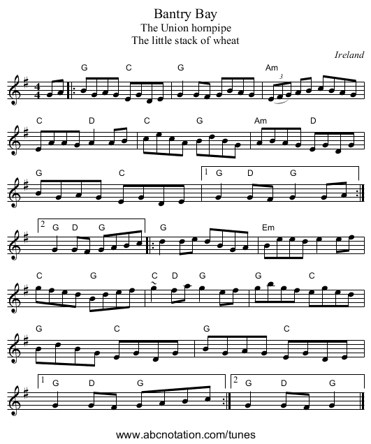 Bantry Bay - staff notation