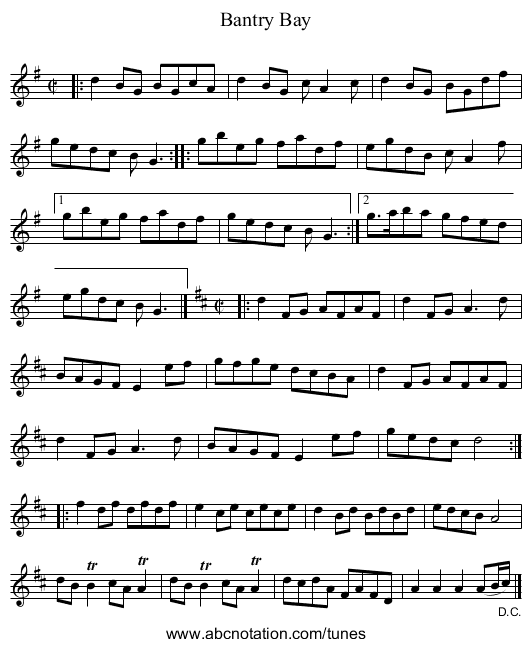 Bantry Bay - staff notation