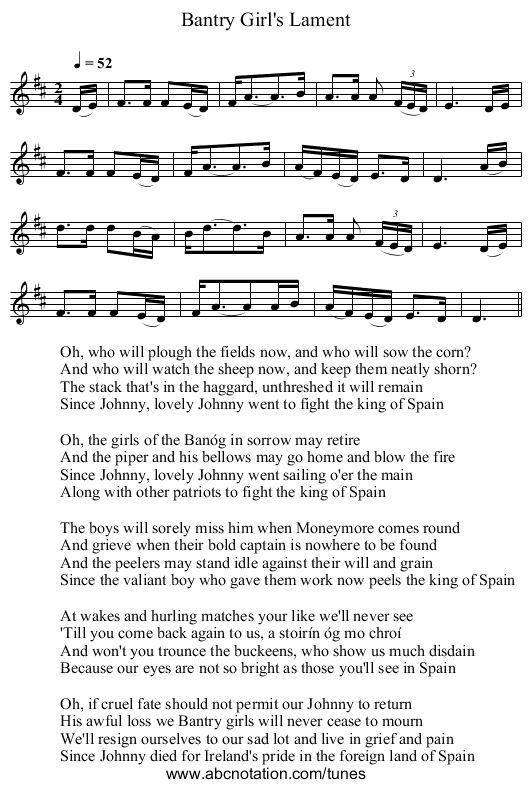 Bantry Girl's Lament - staff notation