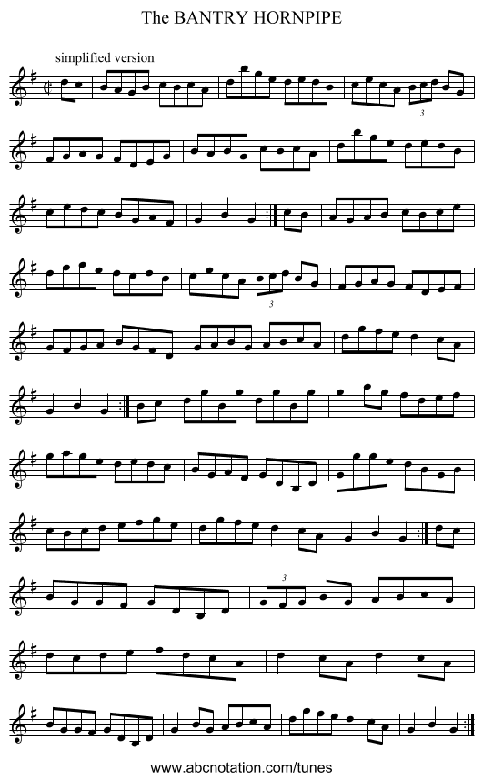 BANTRY HORNPIPE, The - staff notation