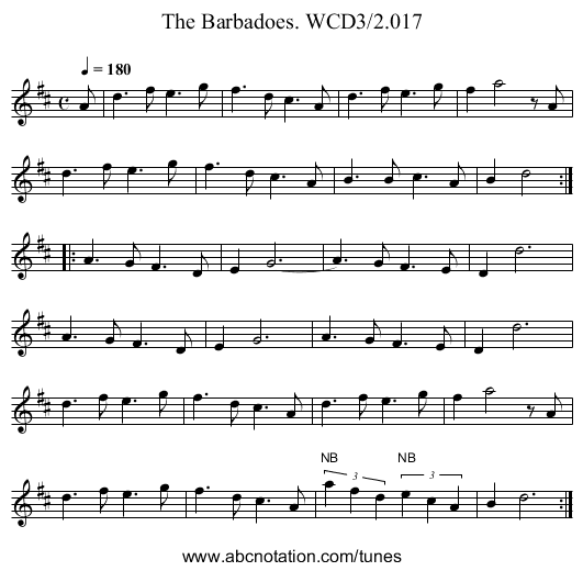 Barbadoes. WCD3/2.017, The - staff notation