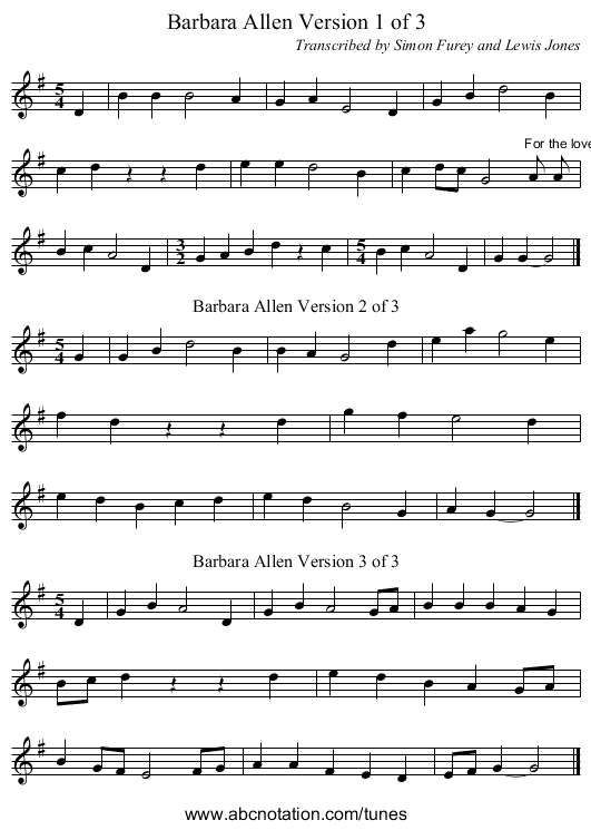 Barbara Allen Version 1 of 3 - staff notation