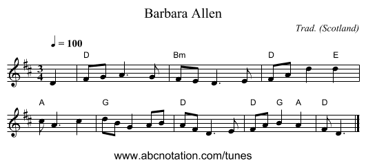 Barbara Allen - staff notation