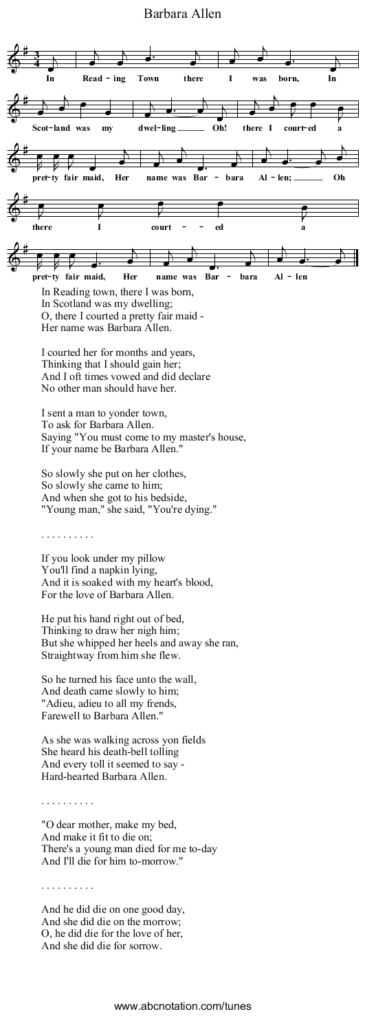Barbara Allen - staff notation