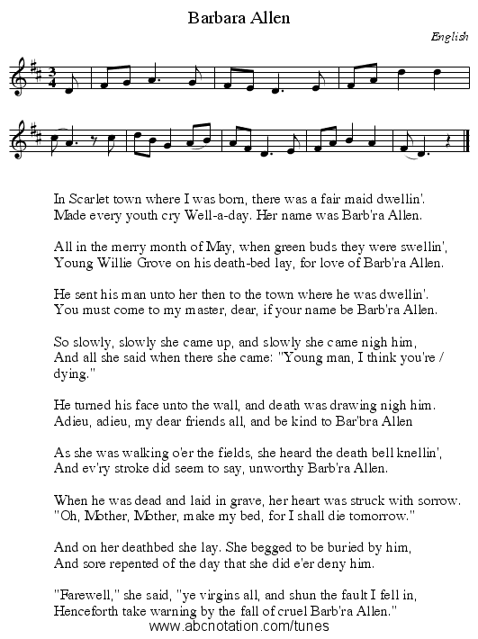 Barbara Allen - staff notation